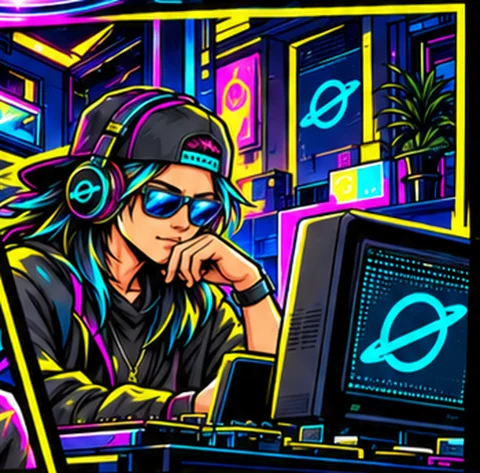 Flux at an old computer late at night, headphones on, chin on his hand, a ringed-planet logo glowing on the screen