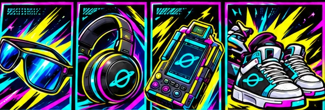 Four panels: mirrored shades, headphones, a handheld gadget and a pair of high-top sneakers