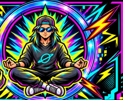 Flux sitting cross-legged in the air inside a glowing ring of light, shades on, hands on his knees, lightning all around